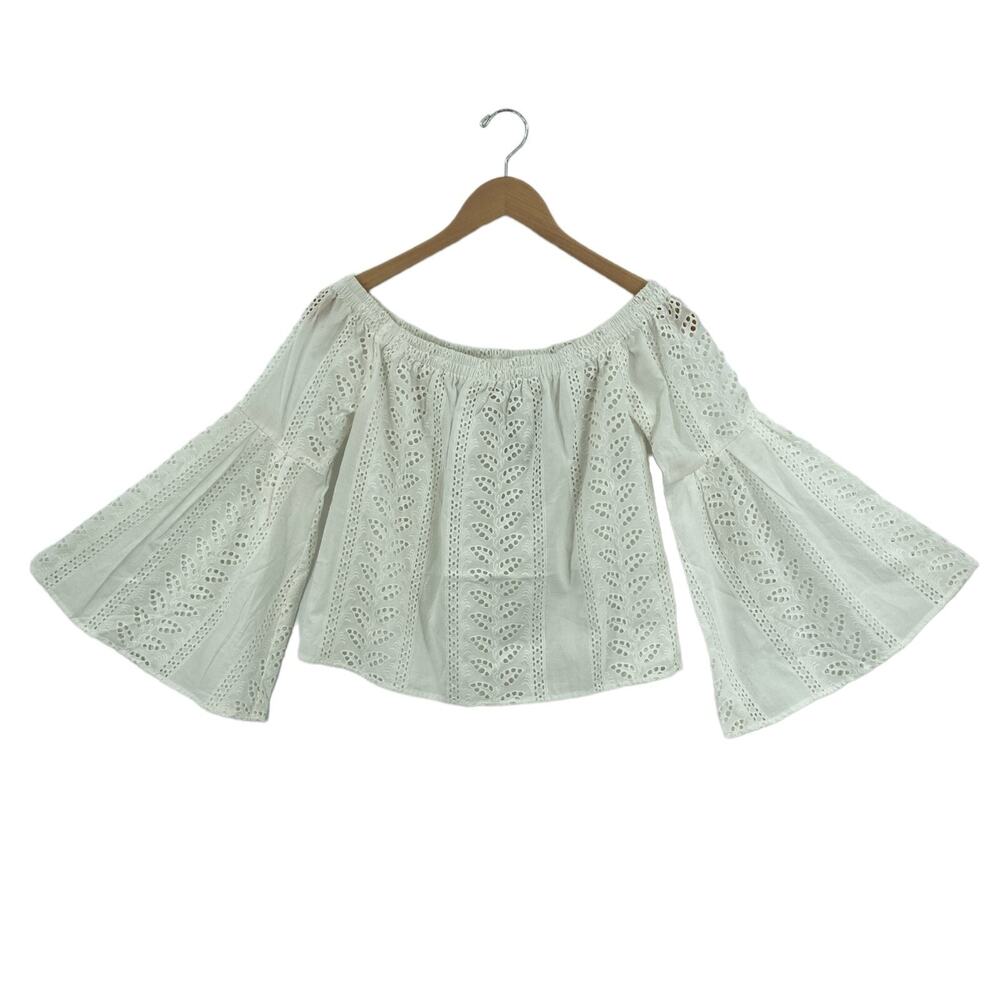 Express Women's White Eyelet 3/4 Bell Sleeve Off The Shoulder Boho Top Size PXS